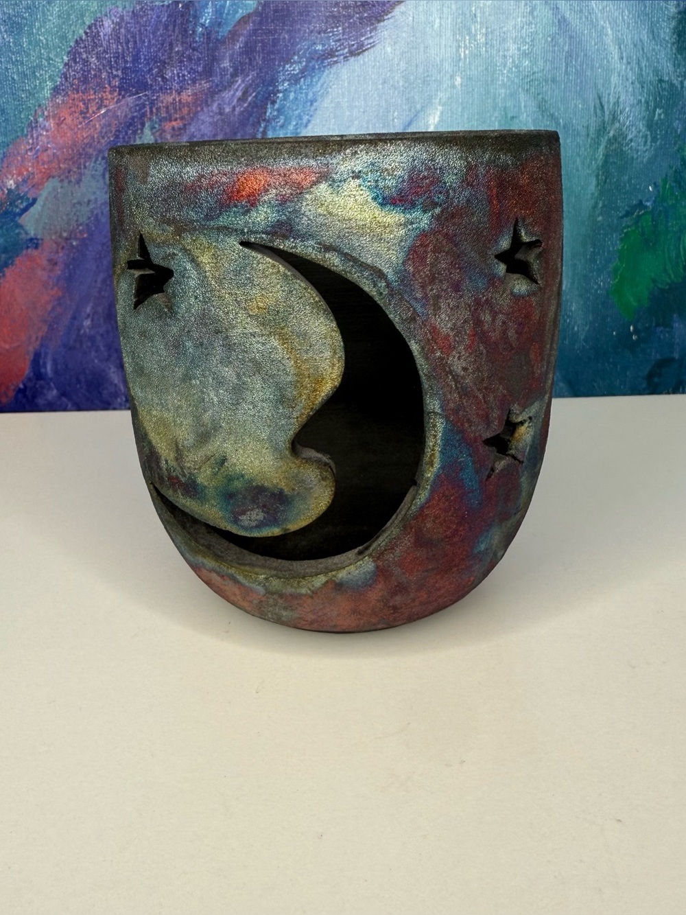 Raku Moon Stars Cutout Studio Pottery Candle Holder Metallic Luster Whimsigoth